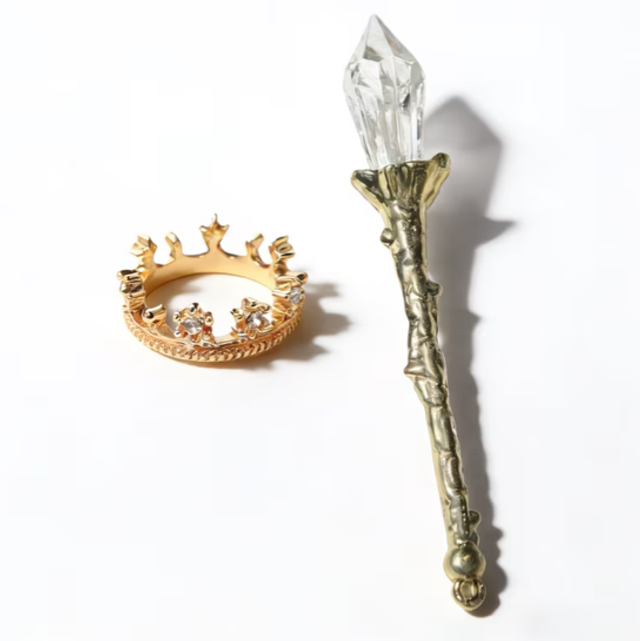 Mini crown and sceptre set: clear crystal wand with gold-tone crown, spear handle