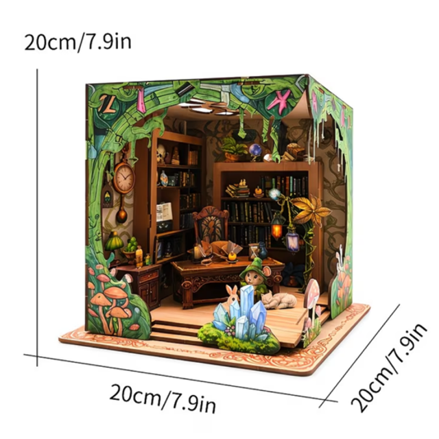 Miniature forest bookshop bookshelf insert diorama with detailed shelves and books