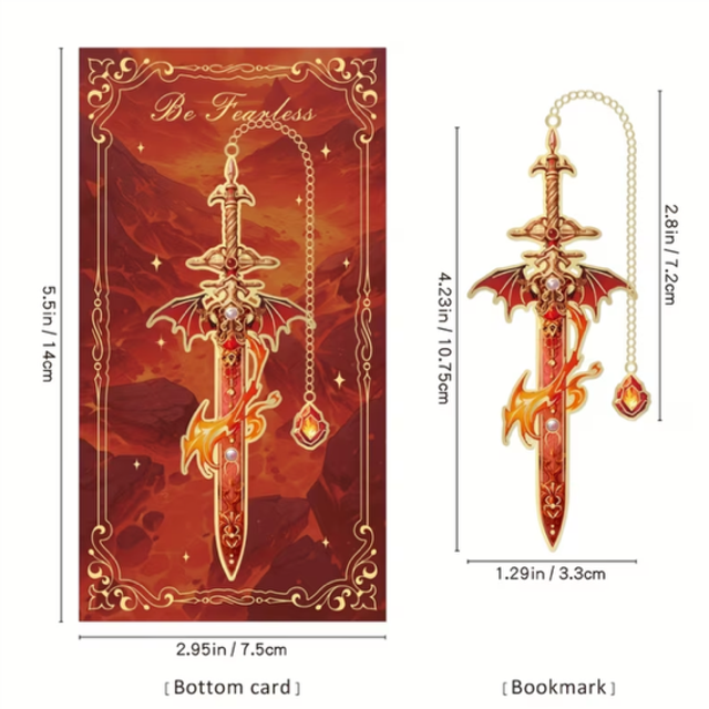 Fantasy sword bookmark with gold red enamel, hanging chain and heart charm
