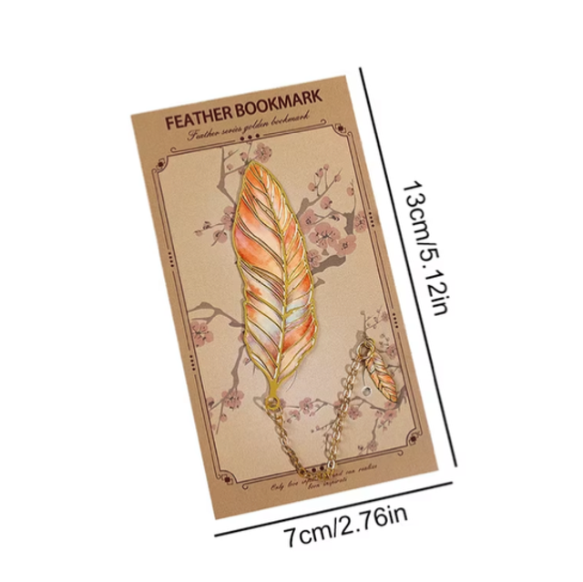 Feather bookmark with chain shown on card; gold-tone chain and multi-color feather