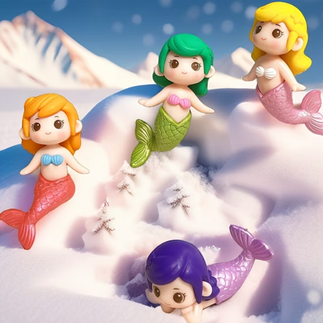 Four mermaid figure dolls posed with pink tops and colorful fins