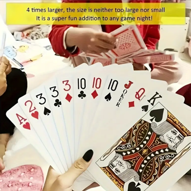 Oversized playing cards fanned in hands, showing kings, 10s, and jacks