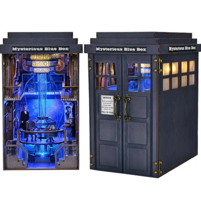 Miniature DIY book nook kit, dark gray box with blue LED interior and front doors