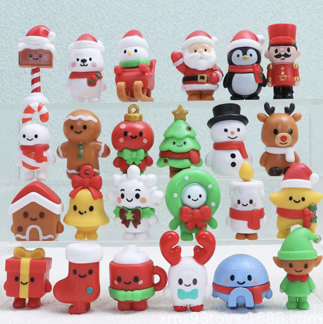 Set of mini Christmas figures, assorted characters in varied red, green, and white