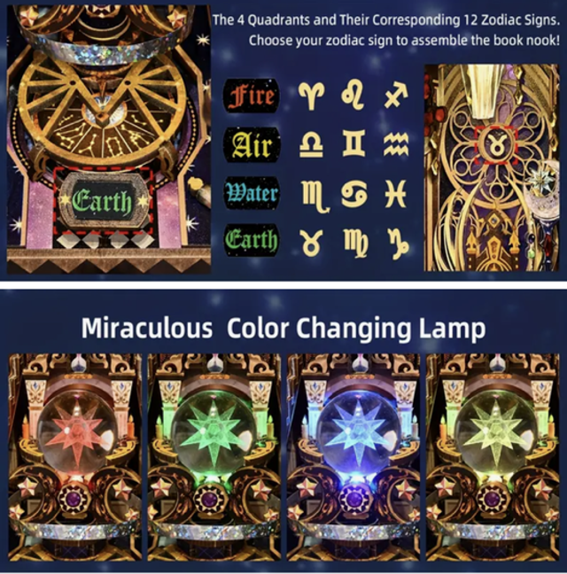 Miniature lamp in zodiac-themed book nook with color-changing star glow and sign tiles