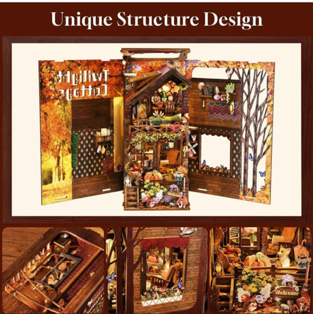 Miniature DIY cottage bookshelf insert kit display showing autumn interior views