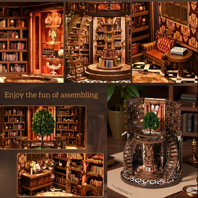 Miniature bookshelf insert display showing assembled rooms with shelves and spiral stairs.