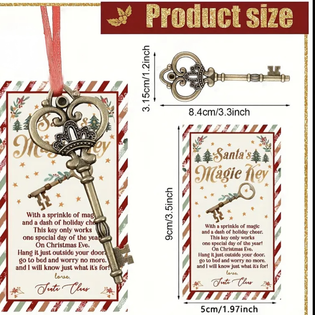 Christmas key ornament with poem card insert and decorative ribbon, antique bronze key