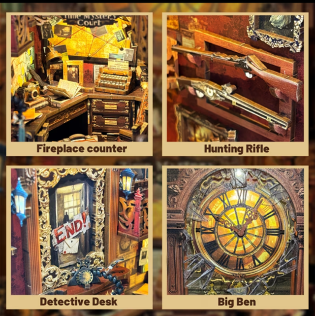 Miniature book nook kit detail panels: fireplace counter, hunting rifle, desk, clock