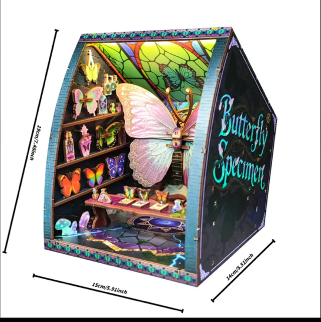 Butterfly specimen book nook insert with 3D house design and front opening, size labeled