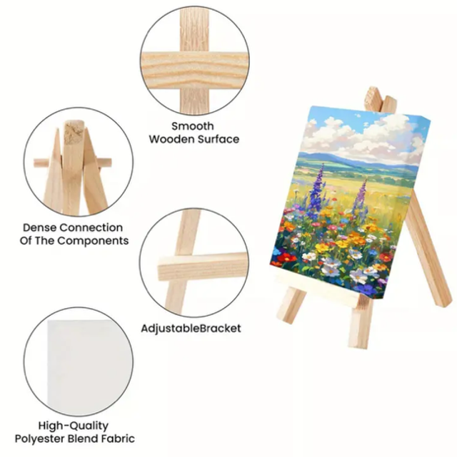 Mini wooden easel holding landscape canvas with small smooth wood details