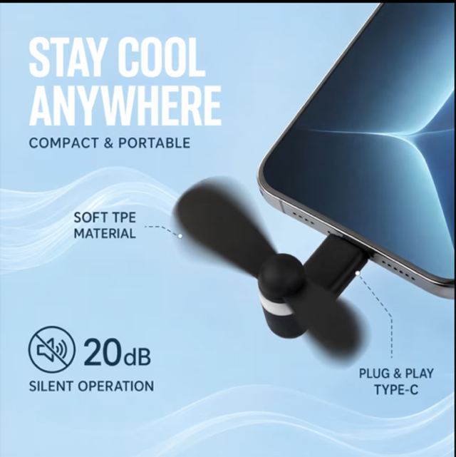 Black mini USB-C phone fan power bank with propeller plugged into a phone