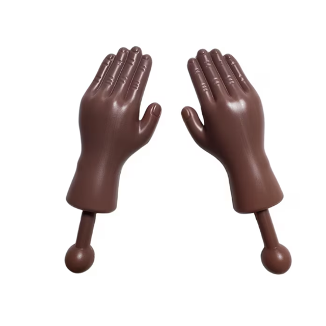 Pair of mini novelty hand figures, dark brown with ridged five-finger detail