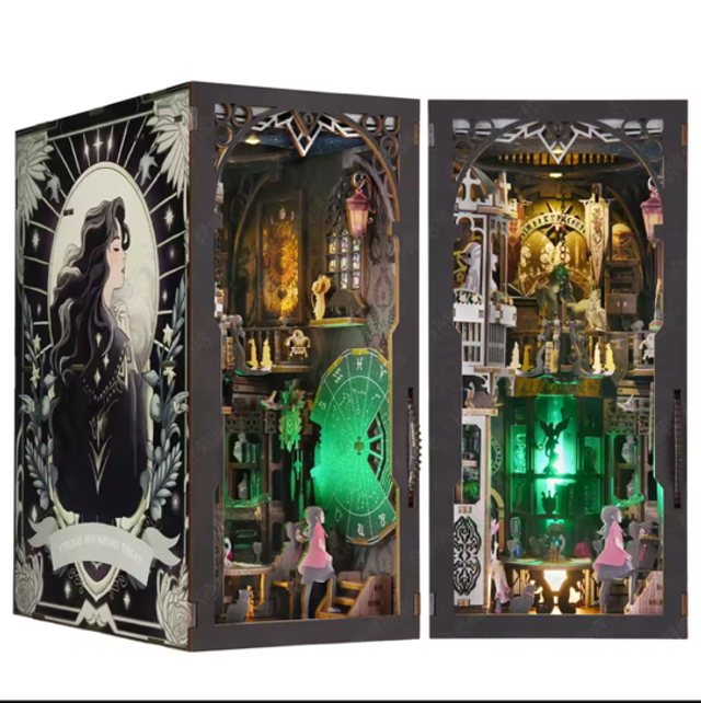 Tarot miniature bookshelf insert kit, front panels with illustrated figure and glowing interior