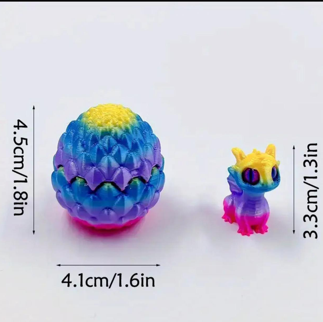 Colorful mini dragon egg with small dragon figure, yellow-blue-purple with pink base