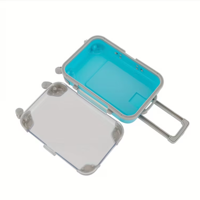 Mini wheeled storage suitcase with teal interior and transparent lid, gray frame