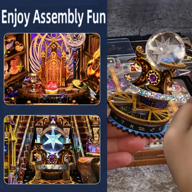 Assembled book nook model with crystal star light and hand placing a miniature piece
