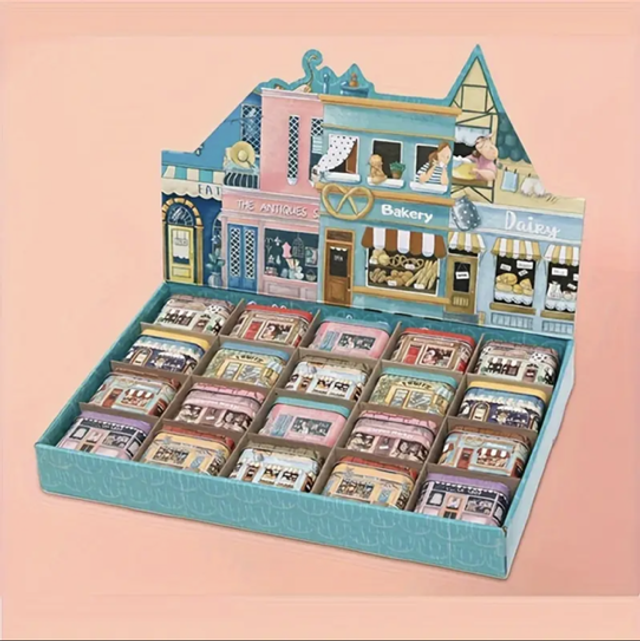 Mini decorative storage tin tray with compartment grid and shop artwork