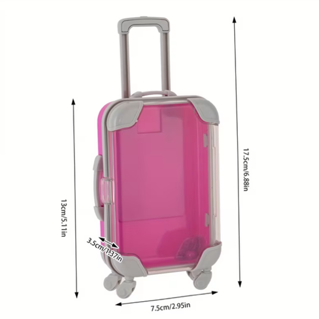 Mini wheeled storage suitcase with pink translucent shell, gray telescoping handle