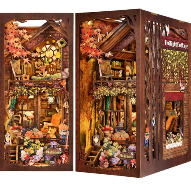 Miniature DIY cottage bookshelf insert kit with warm autumn scene, open 3D interior