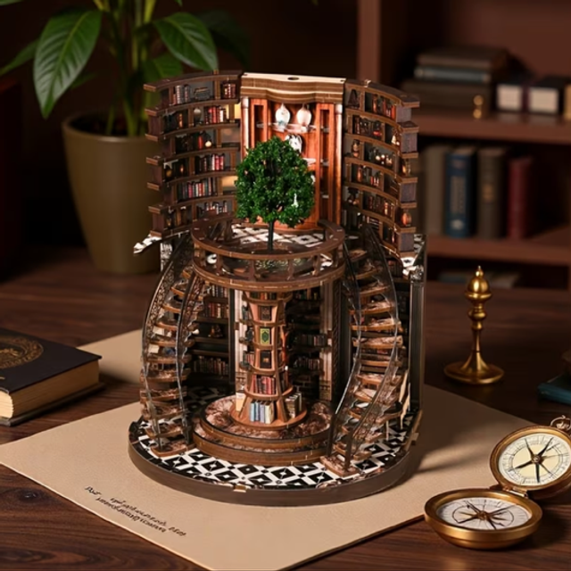 Miniature ring-shaped book repository kit with central tree and multi-tier shelves.