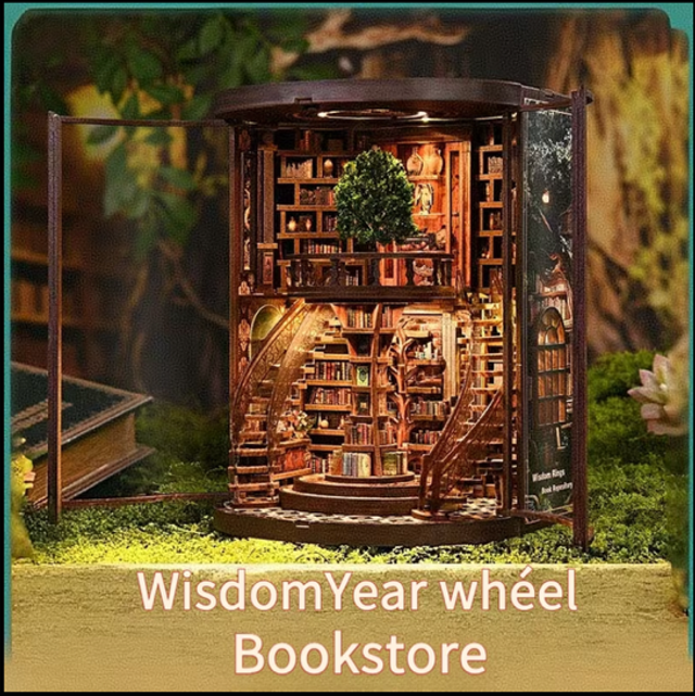 Miniature circular bookshelf insert with lit book shelves and spiral stair detail.