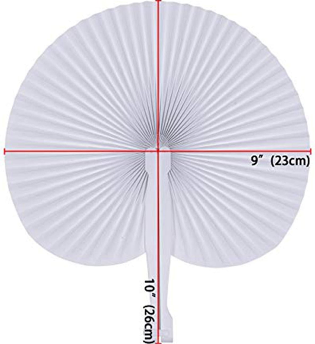 White circular folding fan, 9 in (23 cm) diameter, with measuring guide