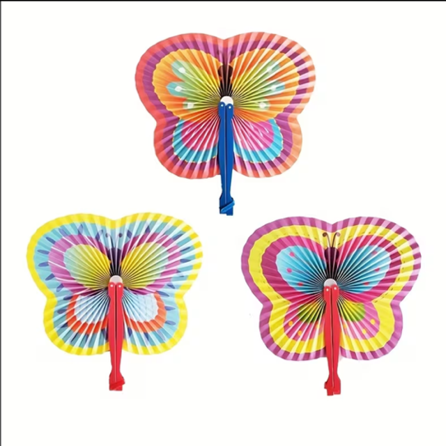 Butterfly handheld folding fan with rainbow striped wings and red/blue handles