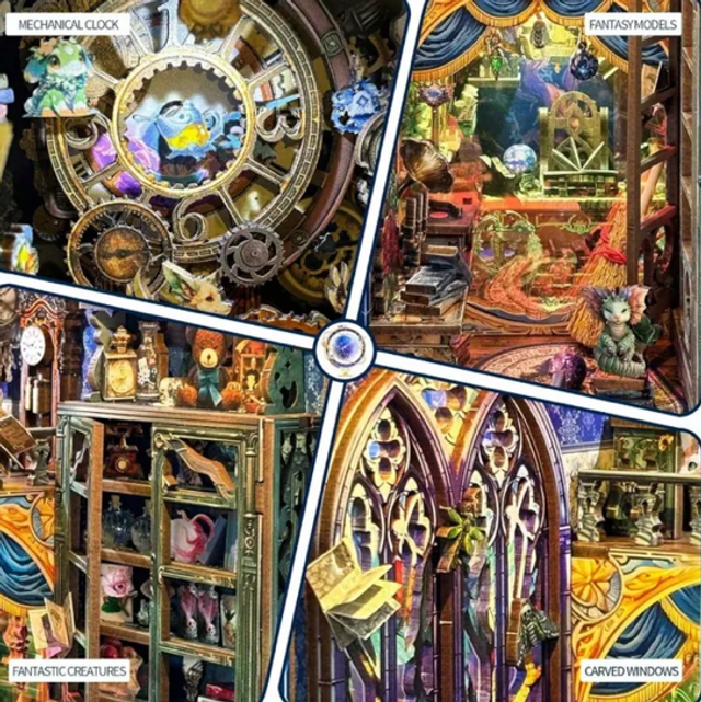 DIY miniature book nook insert kit with ornate fantasy shelf scene