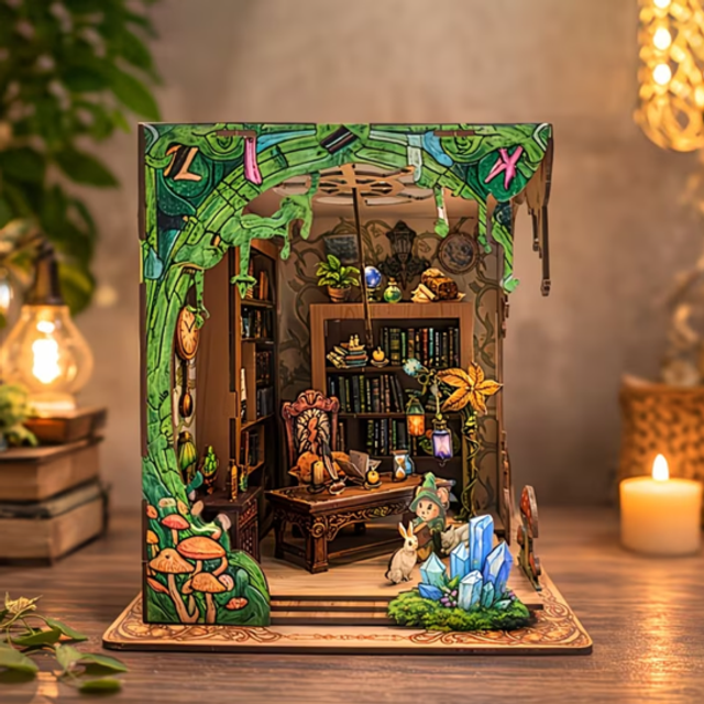 Miniature fantasy study bookshelf insert with tiny books, plants, and figures
