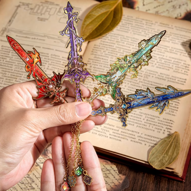 Fantasy sword metal bookmark with chain, multicolor enamel details