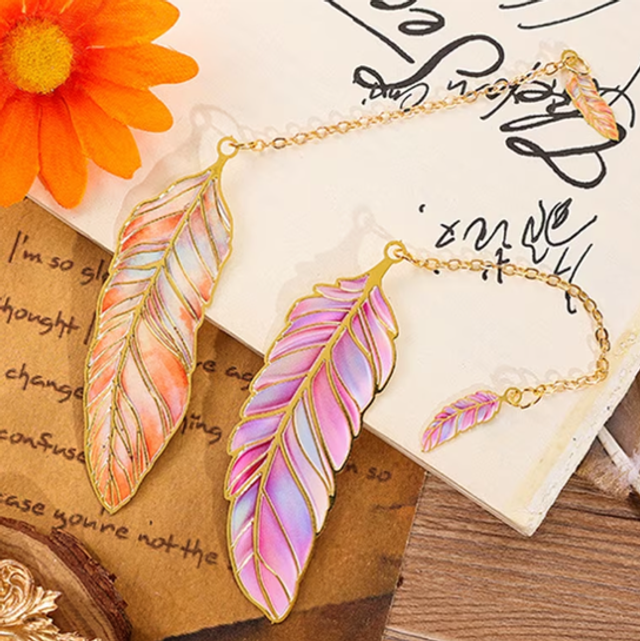 Colorful feather bookmark with gold-tone chain, decorative bead ends