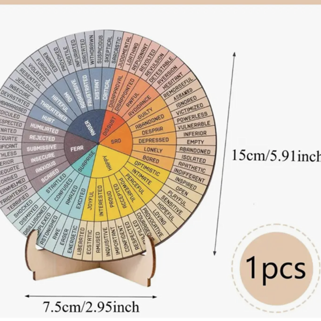 Wooden feelings wheel with split-face stand, printed emotion words, 15cm size