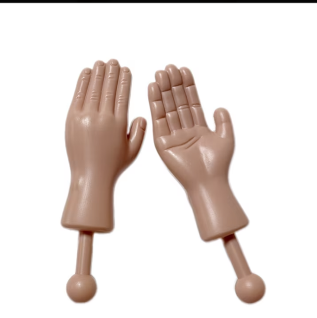 Pair of mini novelty hand figures, light tan with ridged five-finger detail