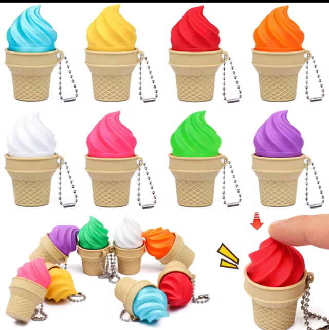 Ice cream fidget keychain with waffle cone, colorful scoop, and metal ball chain
