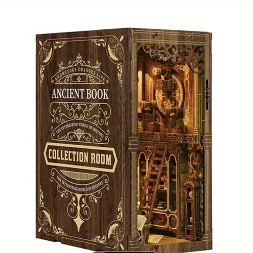 Miniature book nook kit box with ancient book collection room artwork, detailed gold print