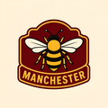 Manchester bee emblem sticker with cartoon bee and 'MANCHESTER' text on red badge