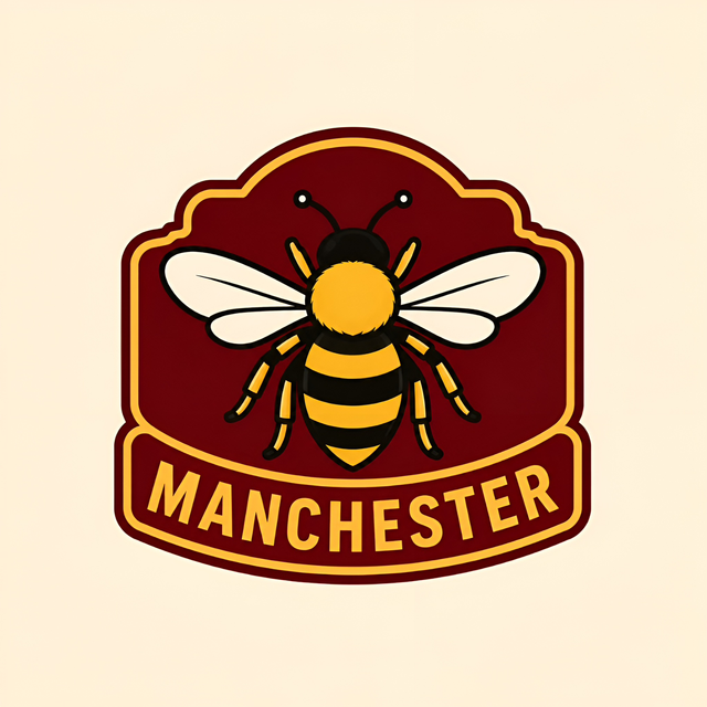 Manchester bee emblem sticker with cartoon bee and 'MANCHESTER' text on red badge