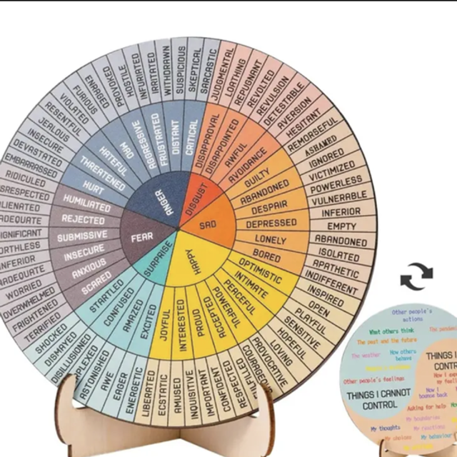 Wooden feelings wheel with printed emotion labels in a circular layout