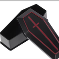 Mini coffin storage box, open black case with red-trim lid and red cross emblem
