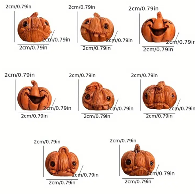 Small orange pumpkin plush toy with a funny face, shown from several angles