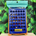 Mini Connect 4 travel game with blue grid and Connect 4 logo on display board