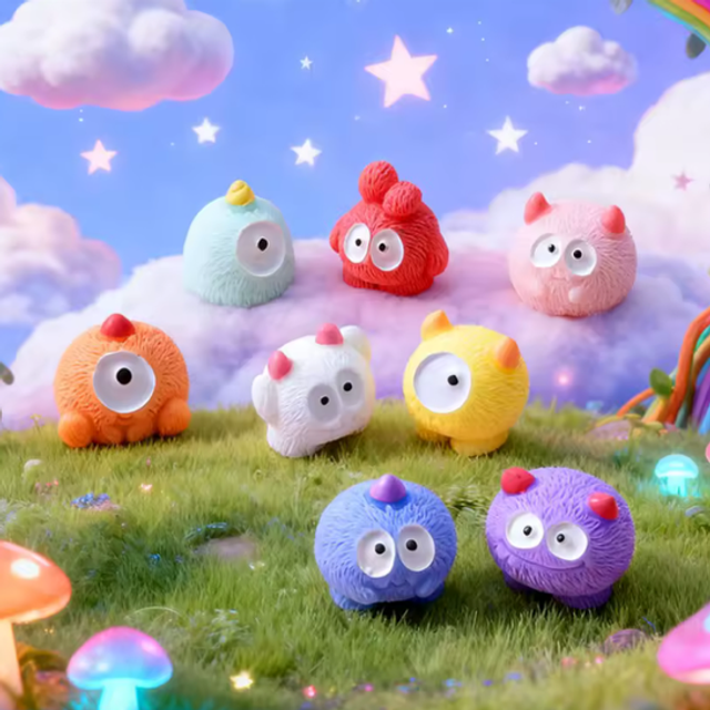 Set of mini plush monster toys with big eyes and fuzzy colorful bodies