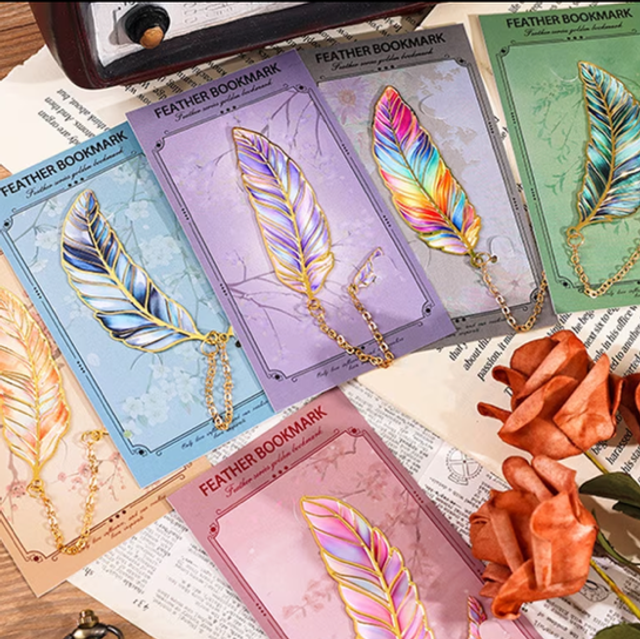 Metal feather bookmark with iridescent pastel colors and gold chain