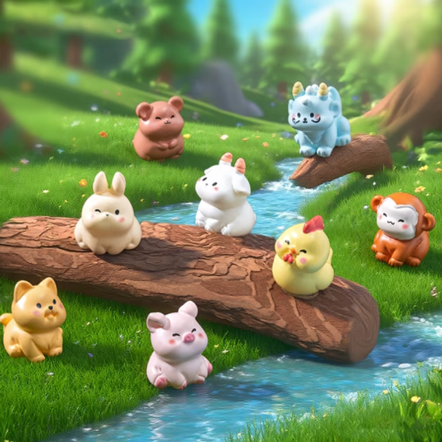Kawaii zodiac animal figurines in pastel colors, gathered on a log by a stream