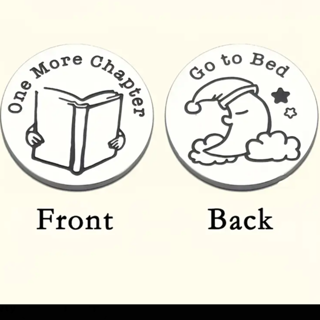 Two-sided flip coin showing book and bedtime icons with text 'Old Chapters' and 'Go to Bed'.