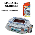 Emirates Stadium miniature 3D puzzle model with stadium top and side buildings, plus box