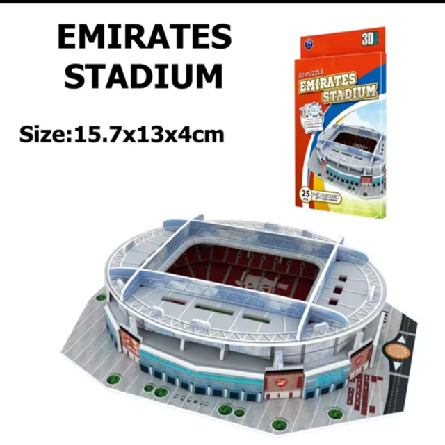 Emirates Stadium miniature 3D puzzle model with stadium top and side buildings, plus box