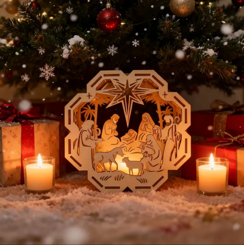 Laser-cut nativity scene panel with octagonal frame, featuring stars and figures