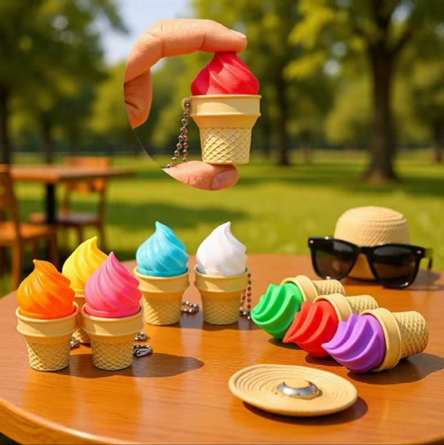 Ice cream cone fidget keychain with chain, orange cone and red swirl